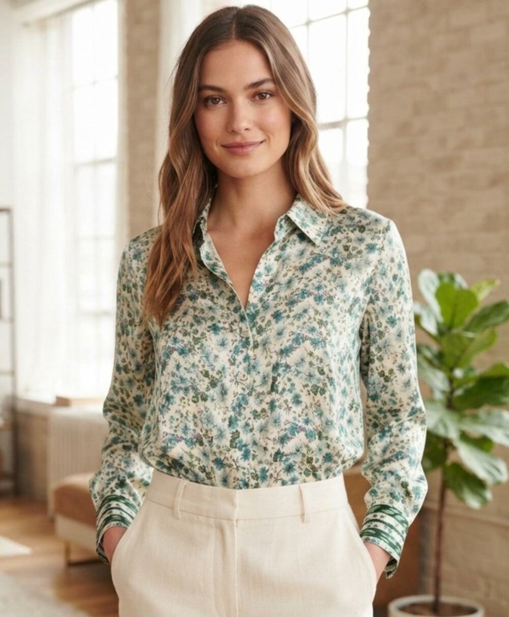 Zara Flowy Button Up Blouse with Small Floral Print